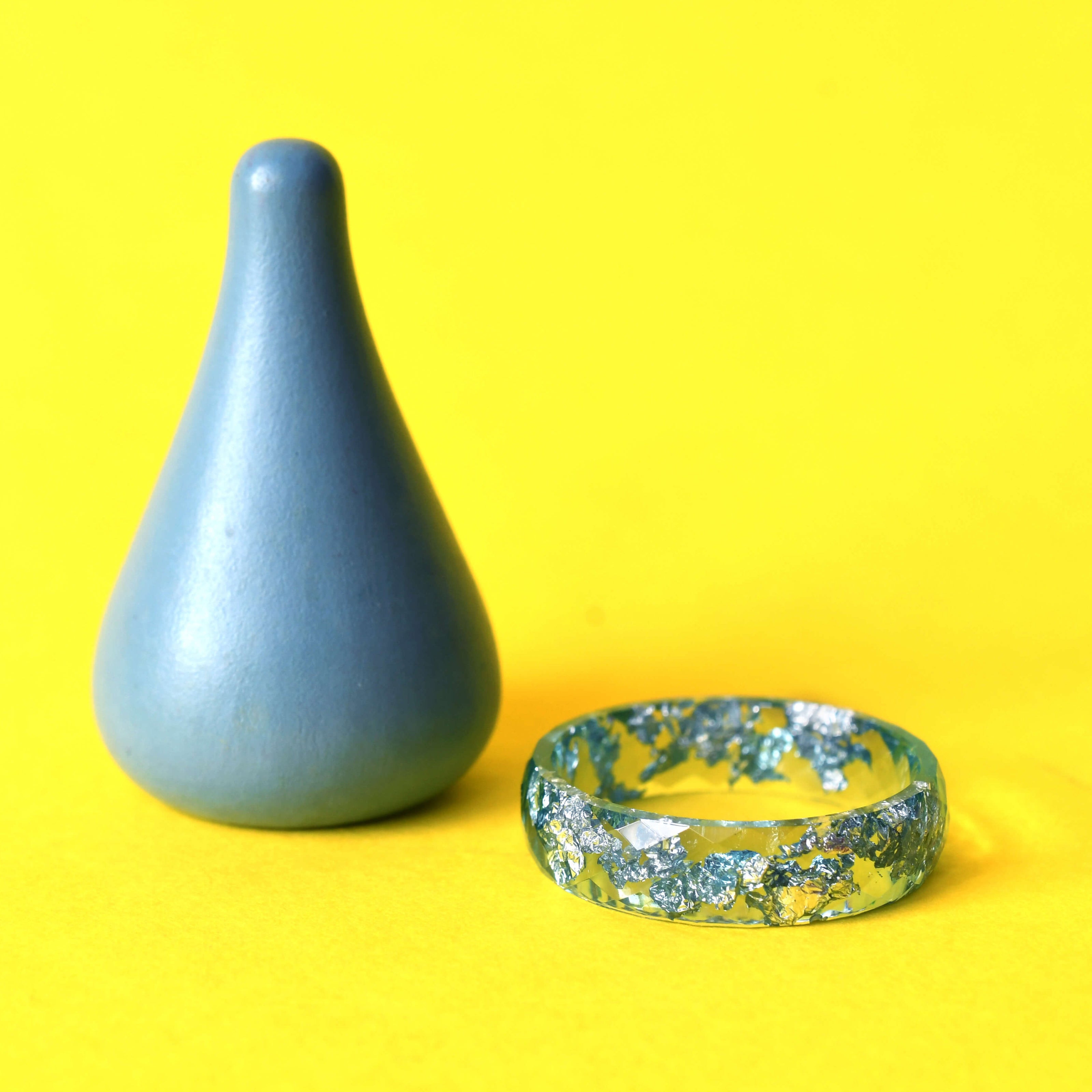 Faceted aquamarine resin ring with shimmering silver flakes — minimalist handmade jewelry