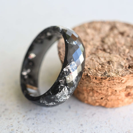 Faceted black resin ring with shimmering silver flakes — minimalist handmade jewelry