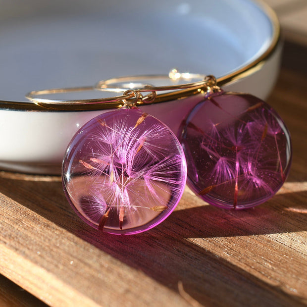 Pink Wishbound dandelion seed resin hoop earrings