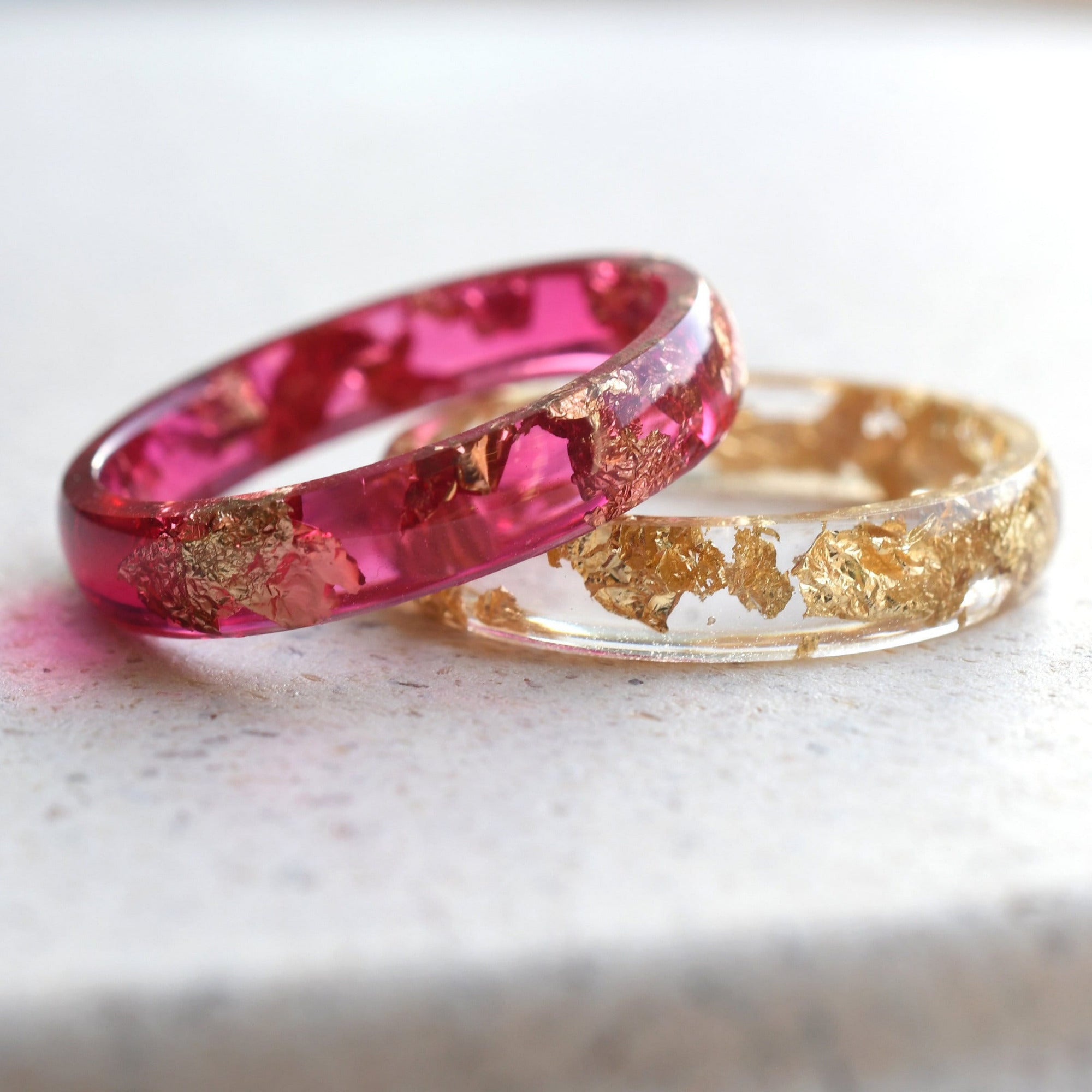 Handmade resin ring set with gold leaf inclusions