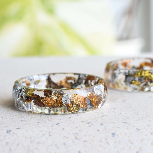 Faceted clear resin ring with gold, silver, and copper flakes — minimalist handmade jewelry