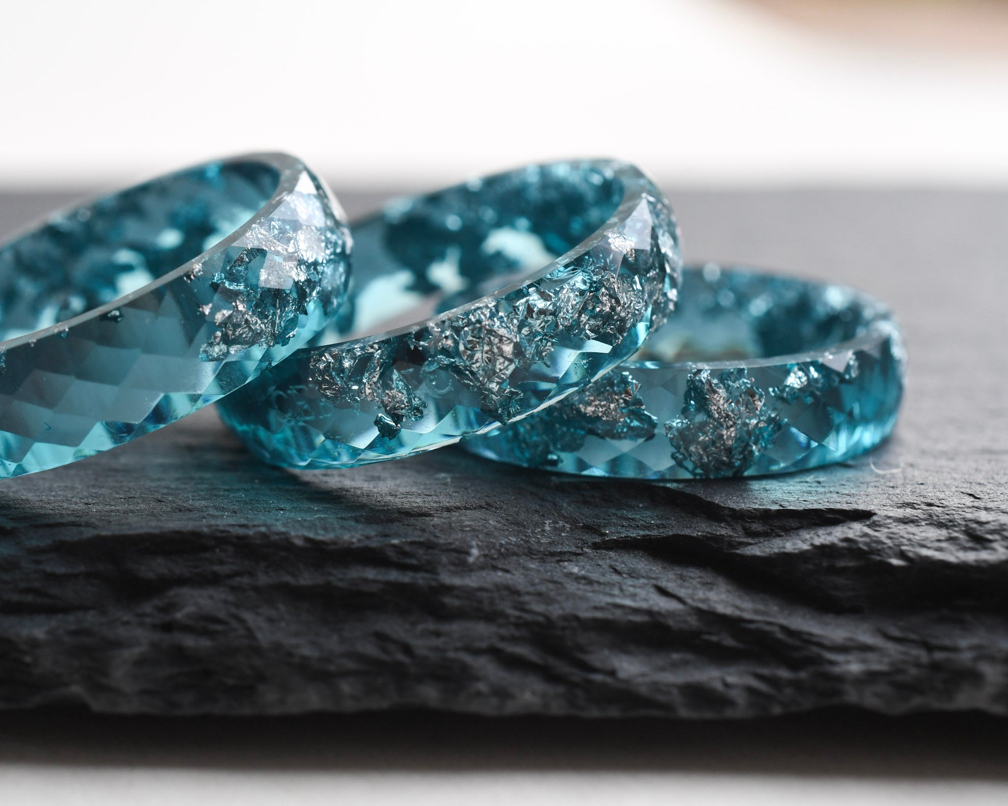 Teal resin ring with metallic silver shimmer Vienna