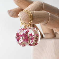 Botanical resin earrings with pink heather blossoms on gold-plated hoops