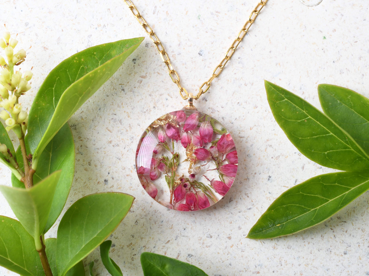 Handmade resin necklace with real pink heather flowers and gold chain