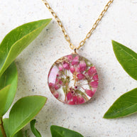 Handmade resin necklace with real pink heather flowers and gold chain