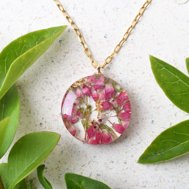 Handmade resin necklace with real pink heather flowers and gold chain