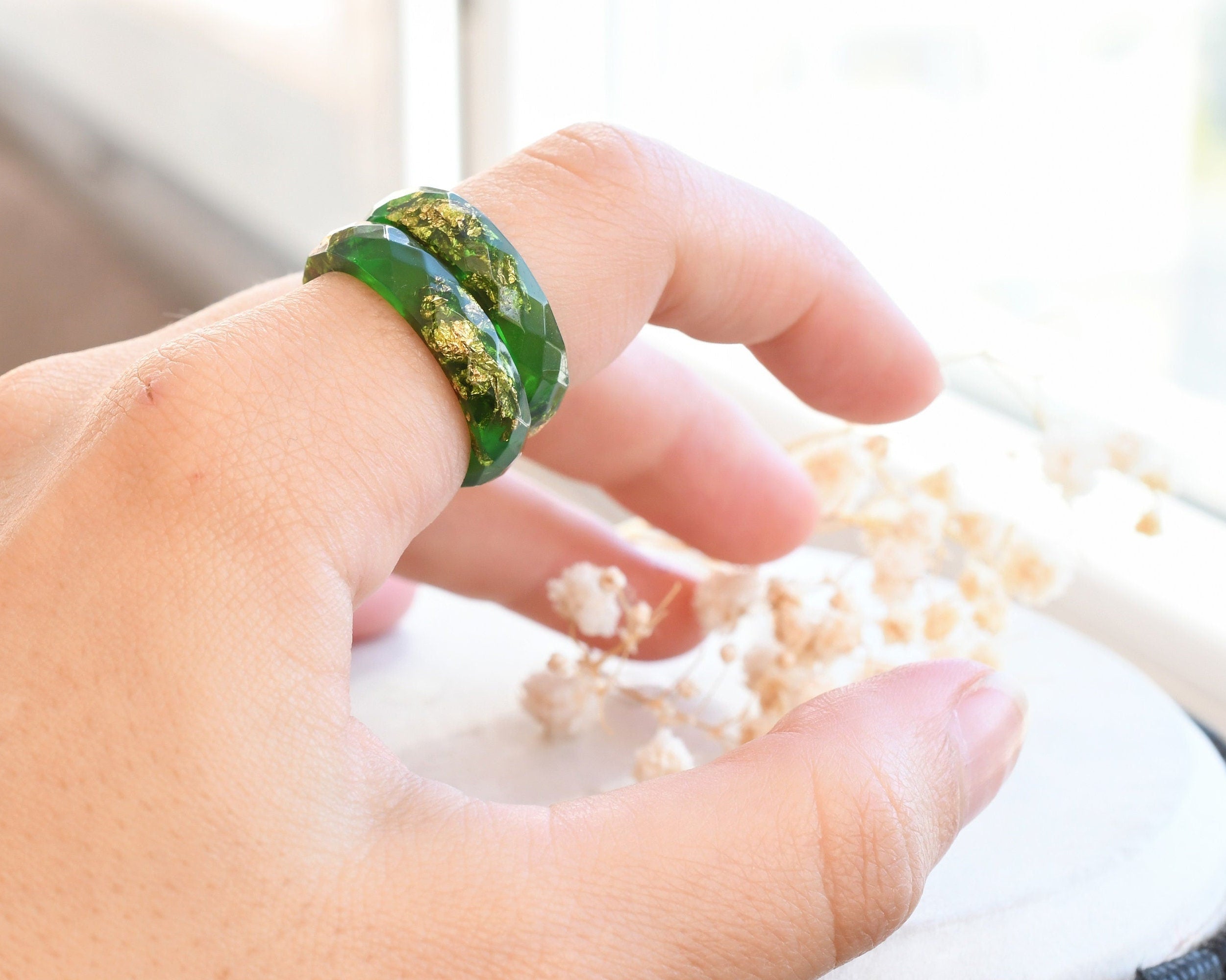 Rich green resin ring with metallic gold shimmer Vienna