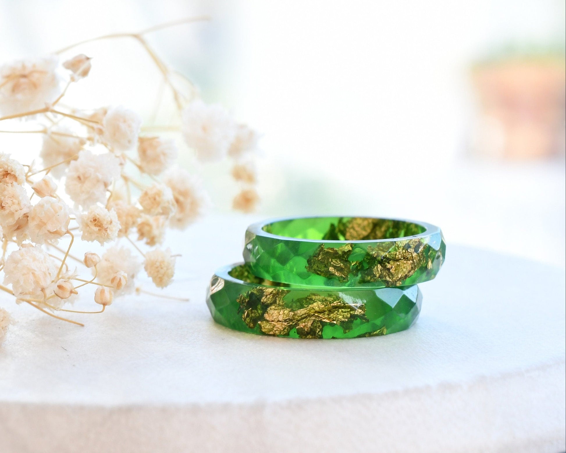 Hand-cast green resin ring bold statement jewelry