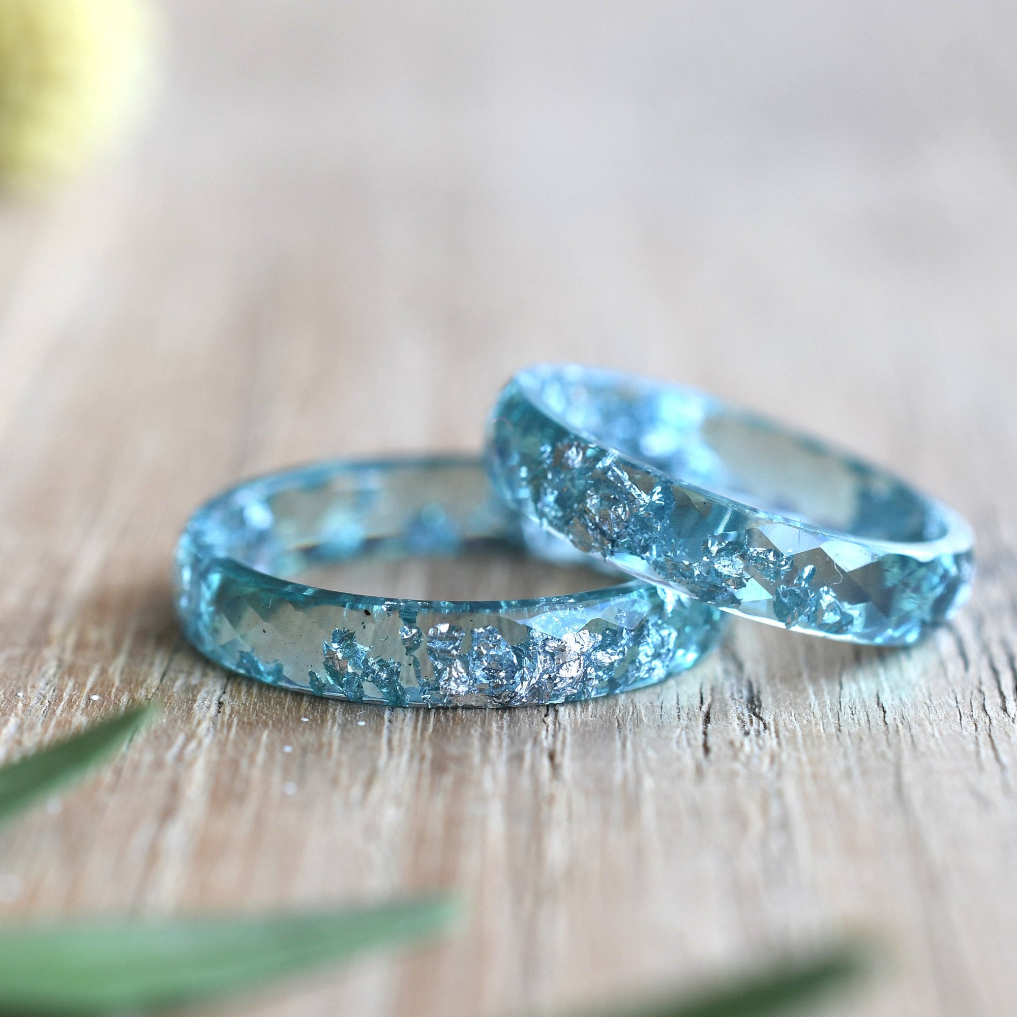 Aqua Mist faceted aqua resin ring silver flakes