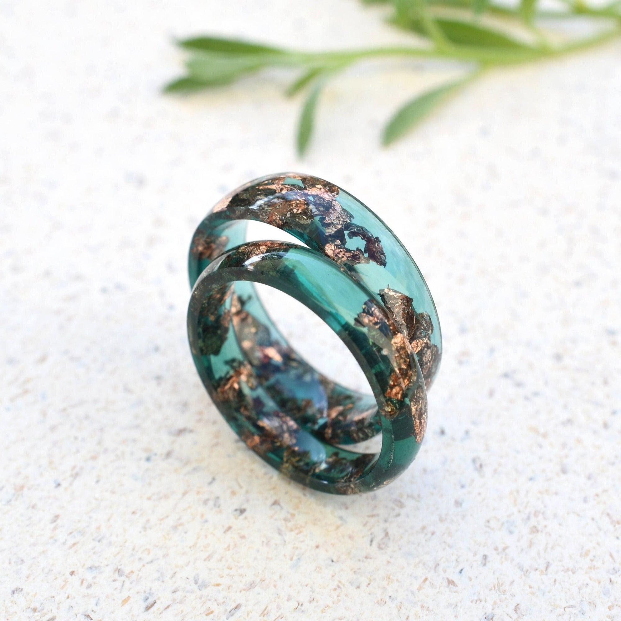 Smooth jade resin rings with real rose gold flakes — modern couples jewelry