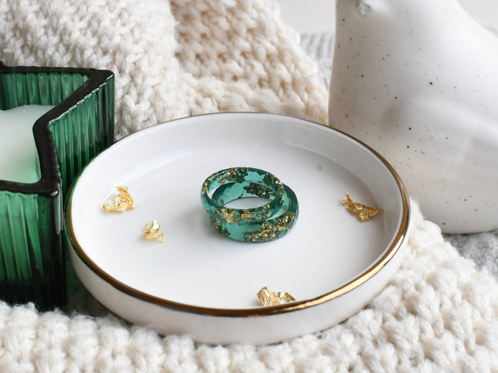 Deep Grove faceted emerald resin ring gold flakes