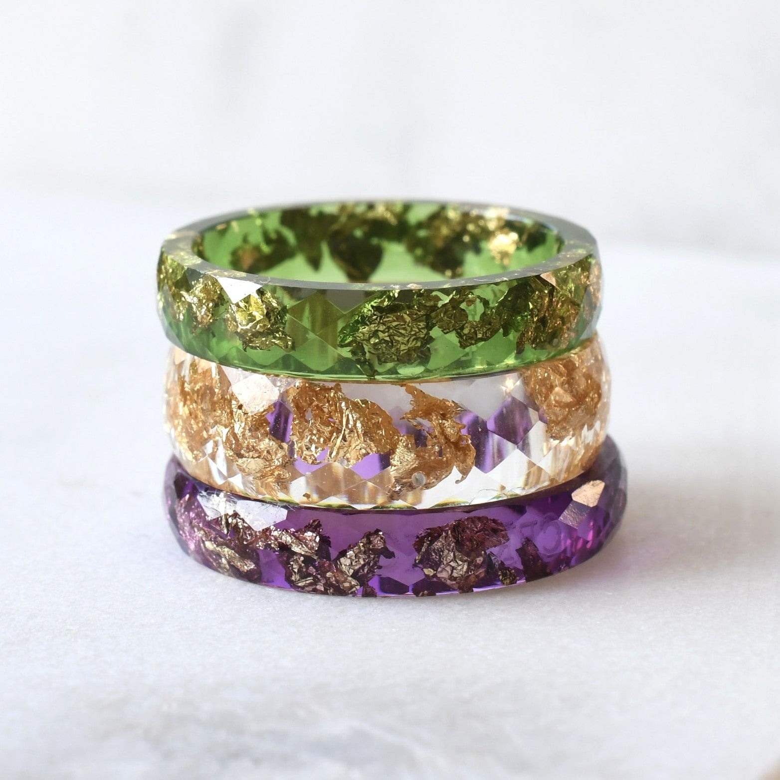 green purple and clear resin 3 ring stack with gold flakes handmade in Vienna