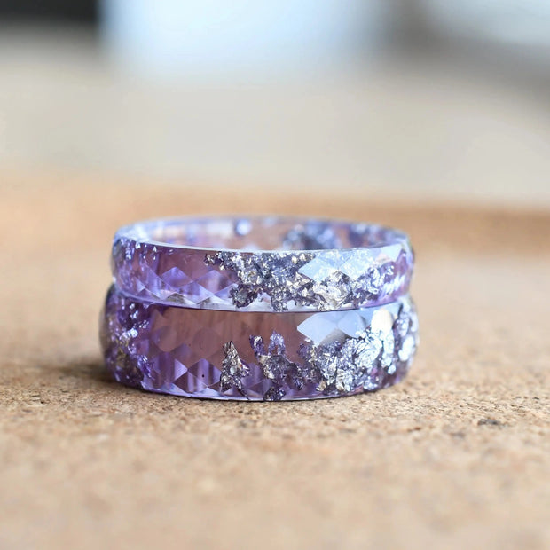 Matching lavender resin couple rings with silver leaf, handmade by Resity in Vienna