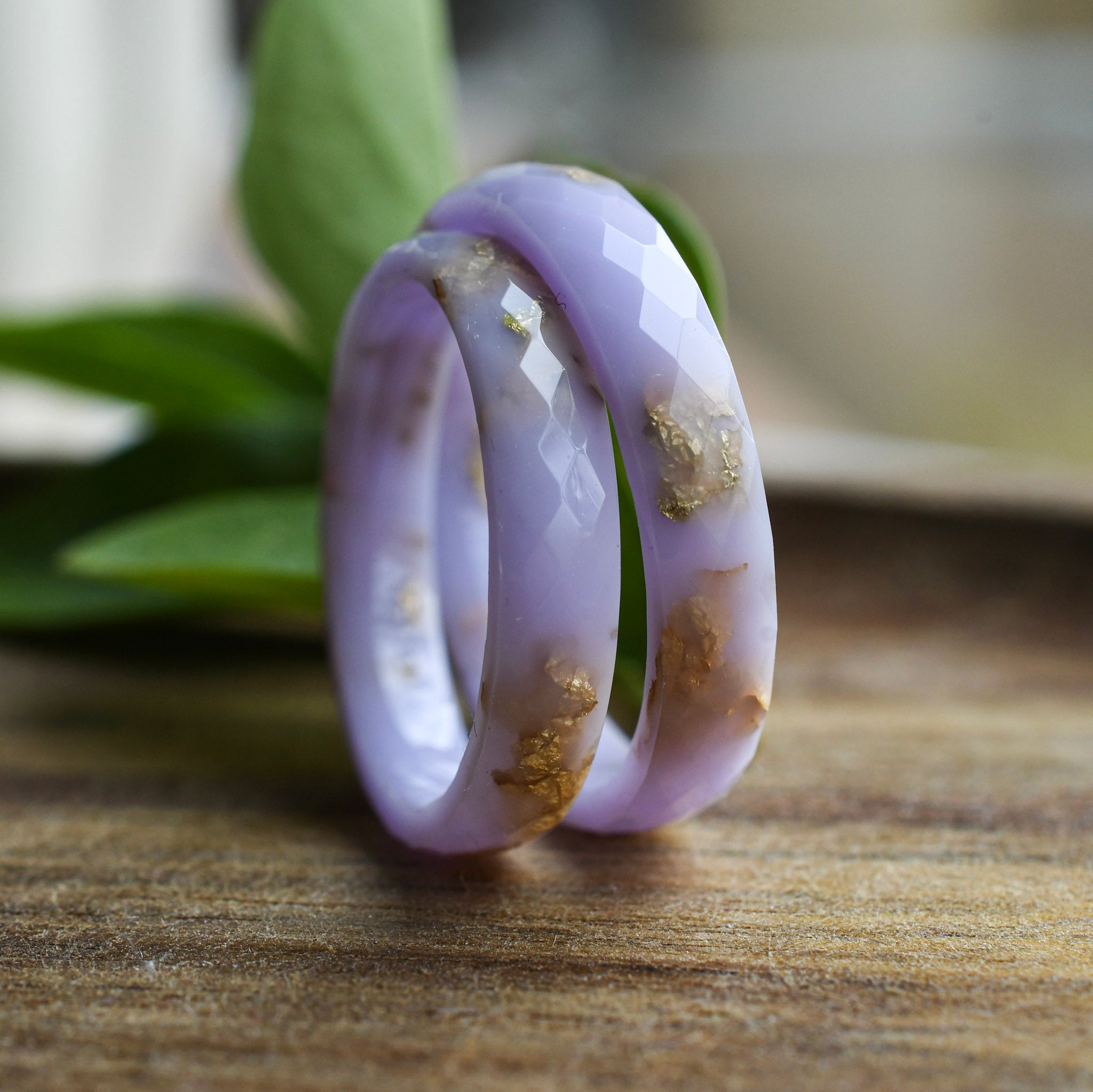 Thin purple pastel resin ring with gold flakes handmade by Resity in Vienna