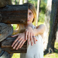 Faceted lavender resin rings with shimmering silver flakes — promise ring set for couples - picture on model