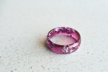 Purple resin ring with silver flakes