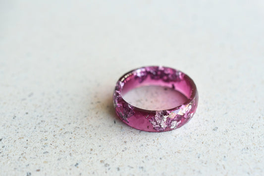 Purple resin ring with silver flakes