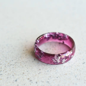 Purple resin ring with silver flakes