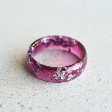 Purple resin ring with silver flakes