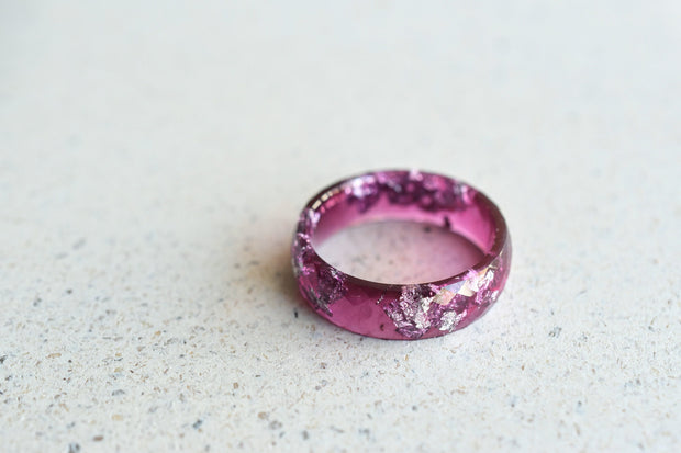 Purple resin ring with silver flakes