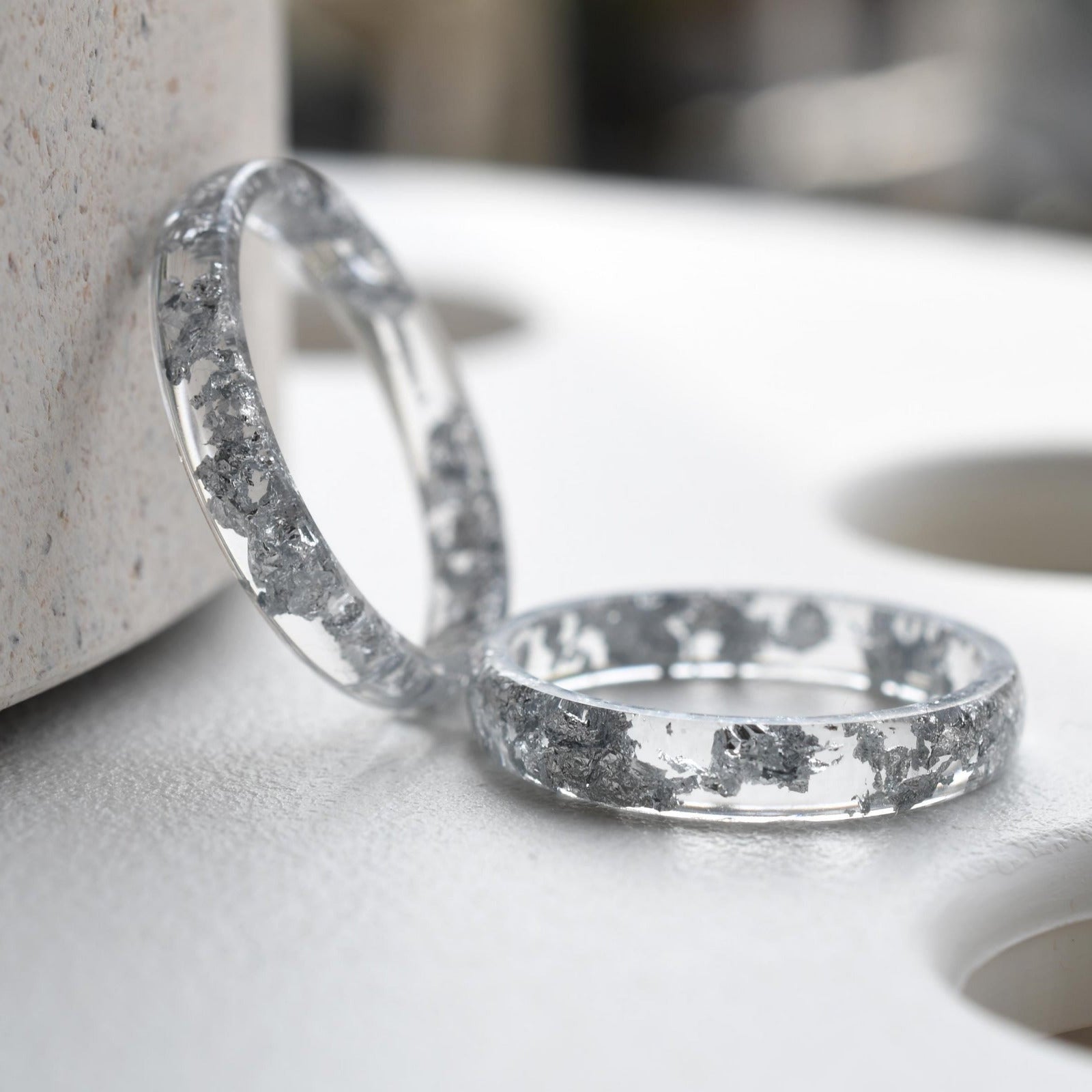 Crystal clear resin ring metallic silver shimmer Vienna