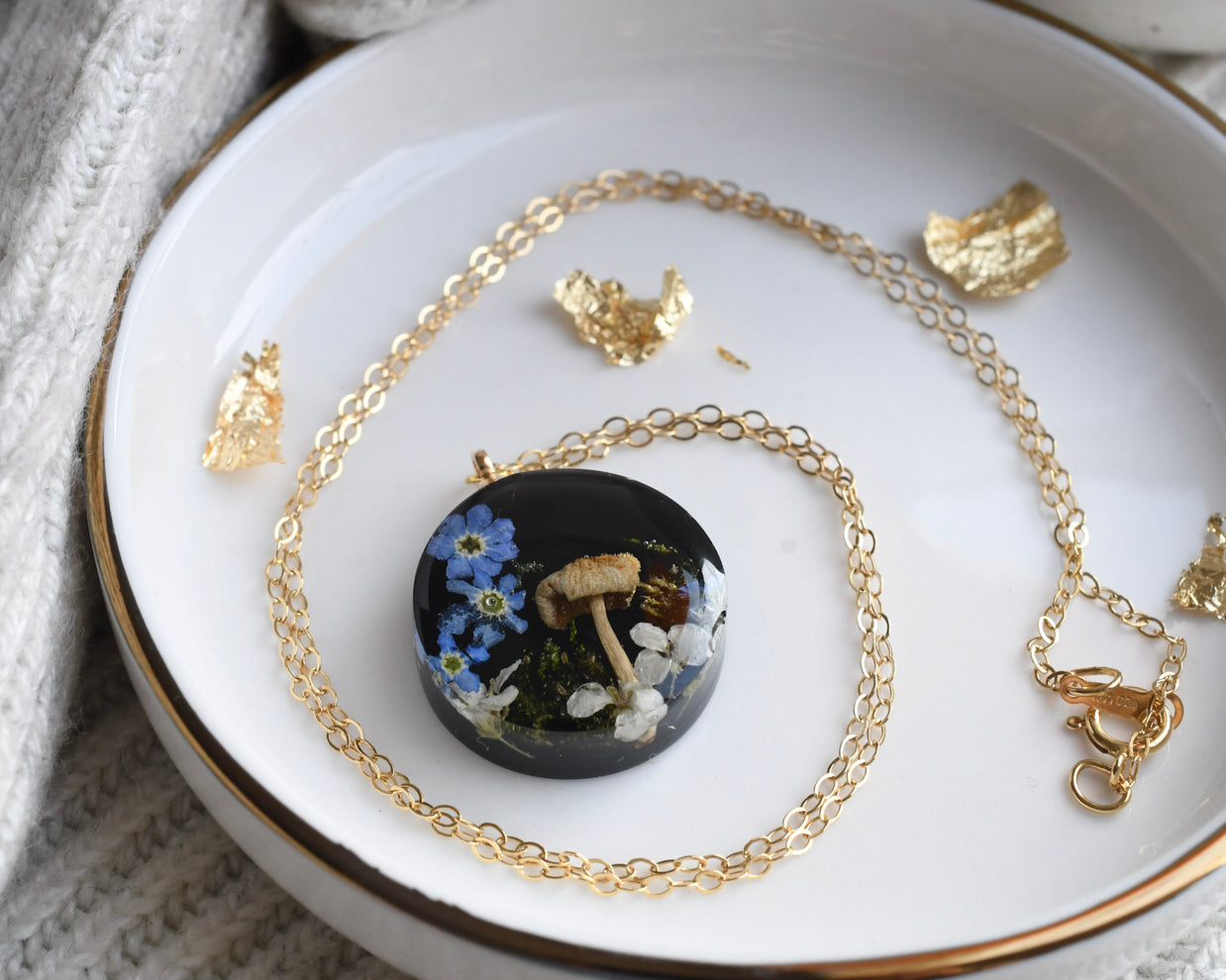 Midnight Grove Necklace with moss, mushroom, forget-me-nots, and alyssum — handmade resin pendant from Vienna