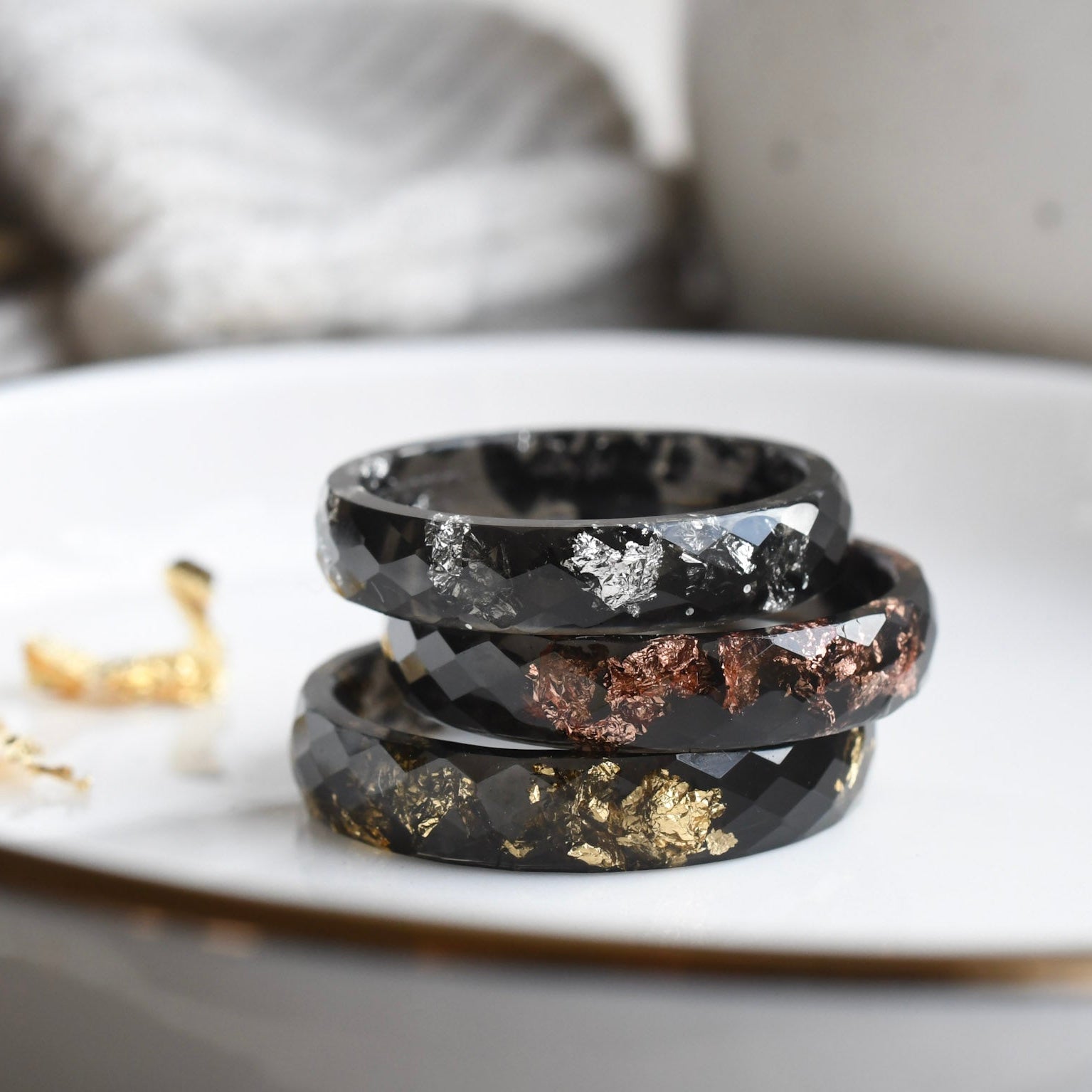 Shadowline faceted black resin ring custom metallic flakes