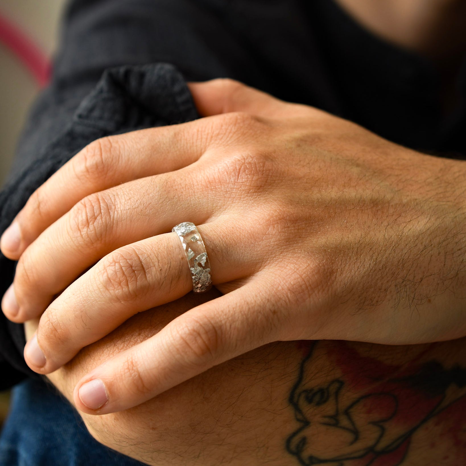 Minimalist clear mens band with metallic silver leaf modern geometric resin ring