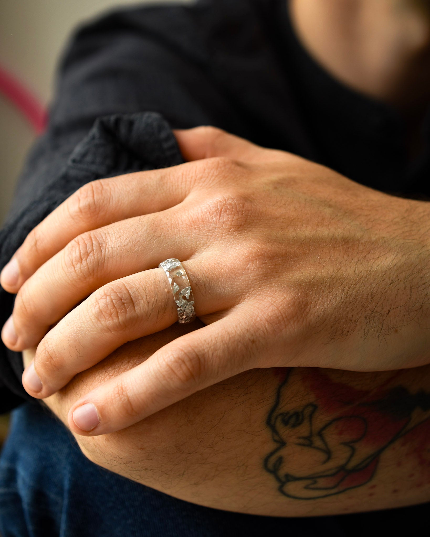 Minimalist clear mens band with metallic silver leaf modern geometric resin ring