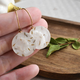 Minimalist resin hoop earrings with delicate dried dandelion seeds, handmade botanical fashion accessory