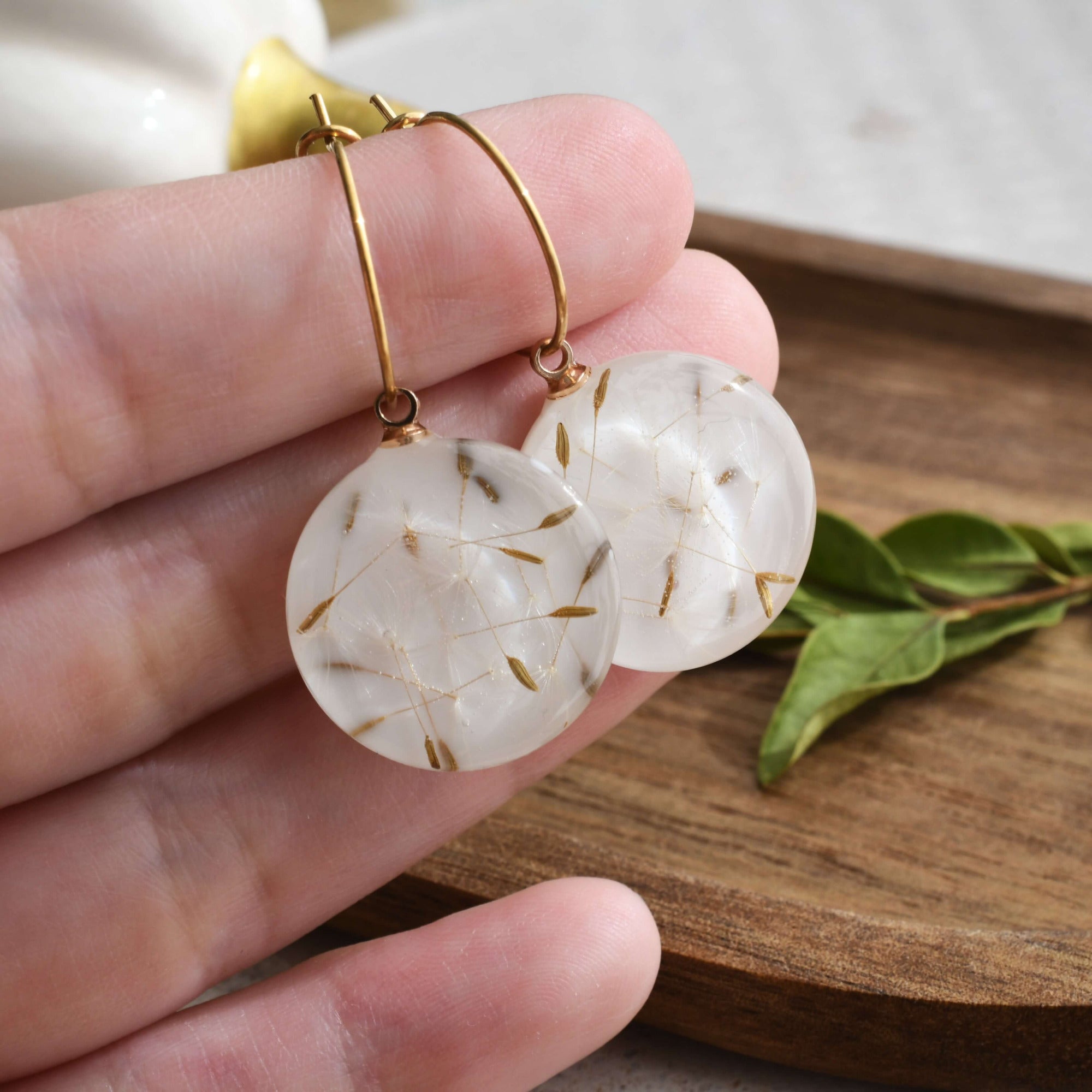 Real dandelion seeds preserved in resin hoop earrings Vienna