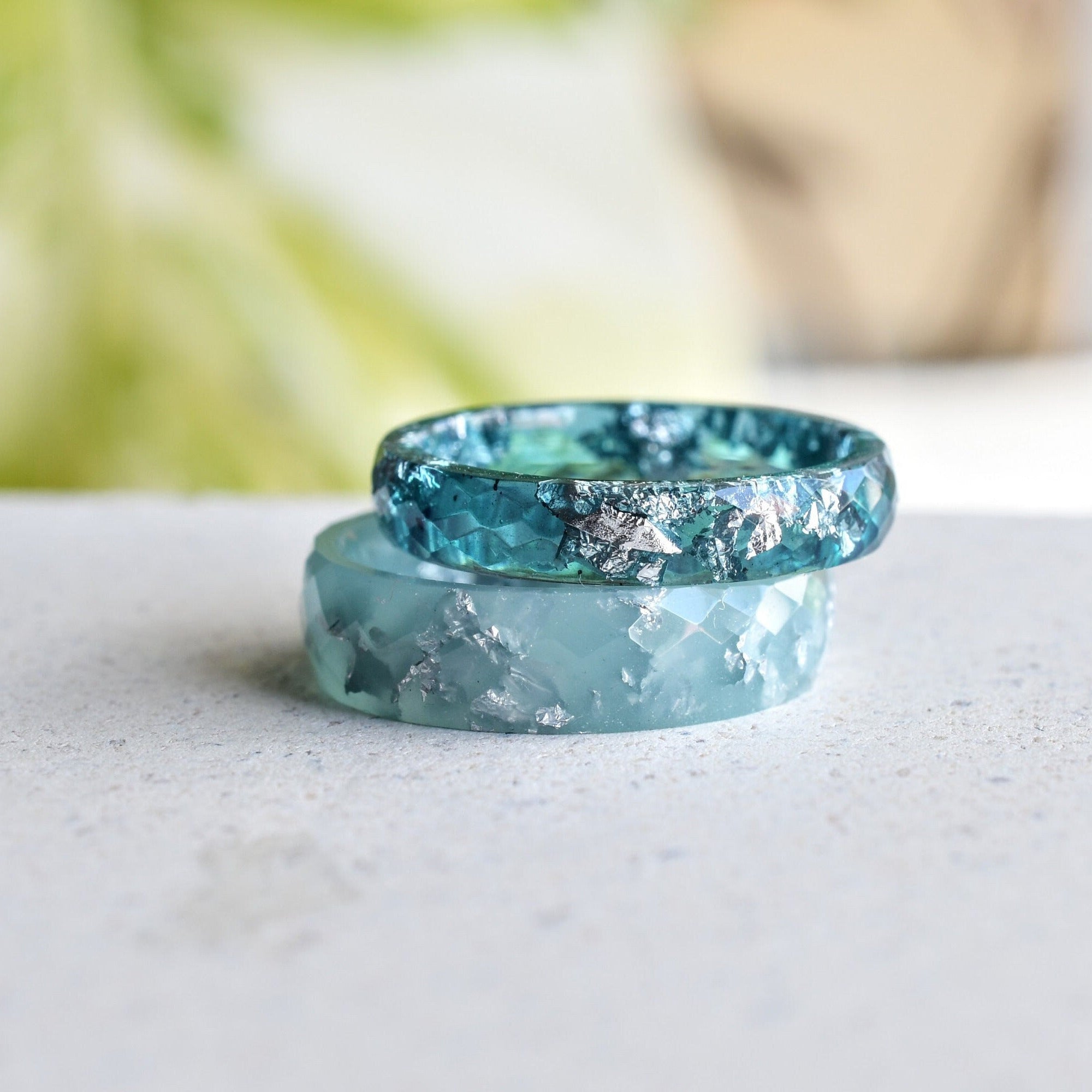 Faceted mint resin ring with metallic silver accents — minimalist jewelry