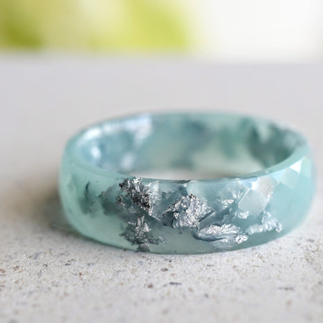 Mint resin ring with silver leaf flakes handmade by Resity in Vienna