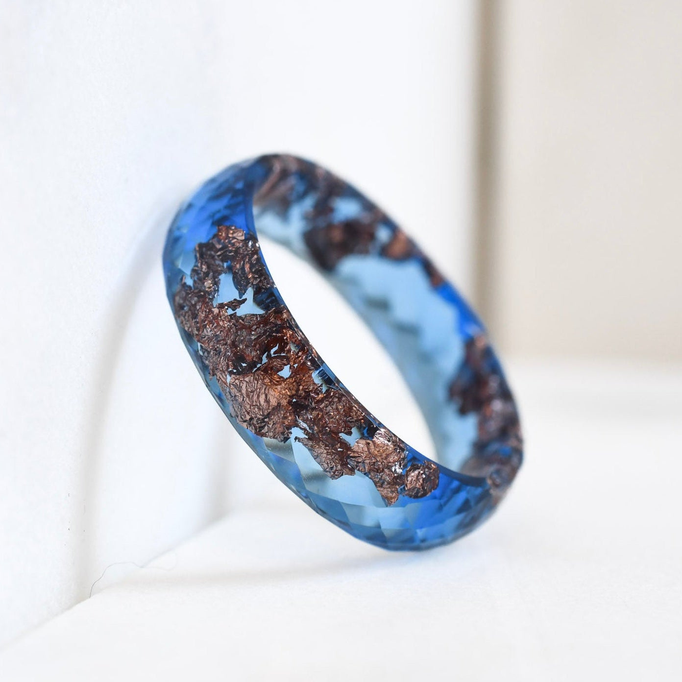 Cobalt Ember faceted blue resin ring rose gold flakes