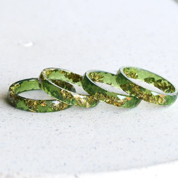 Moss green resin ring with gold flakes handmade by Resity in Vienna