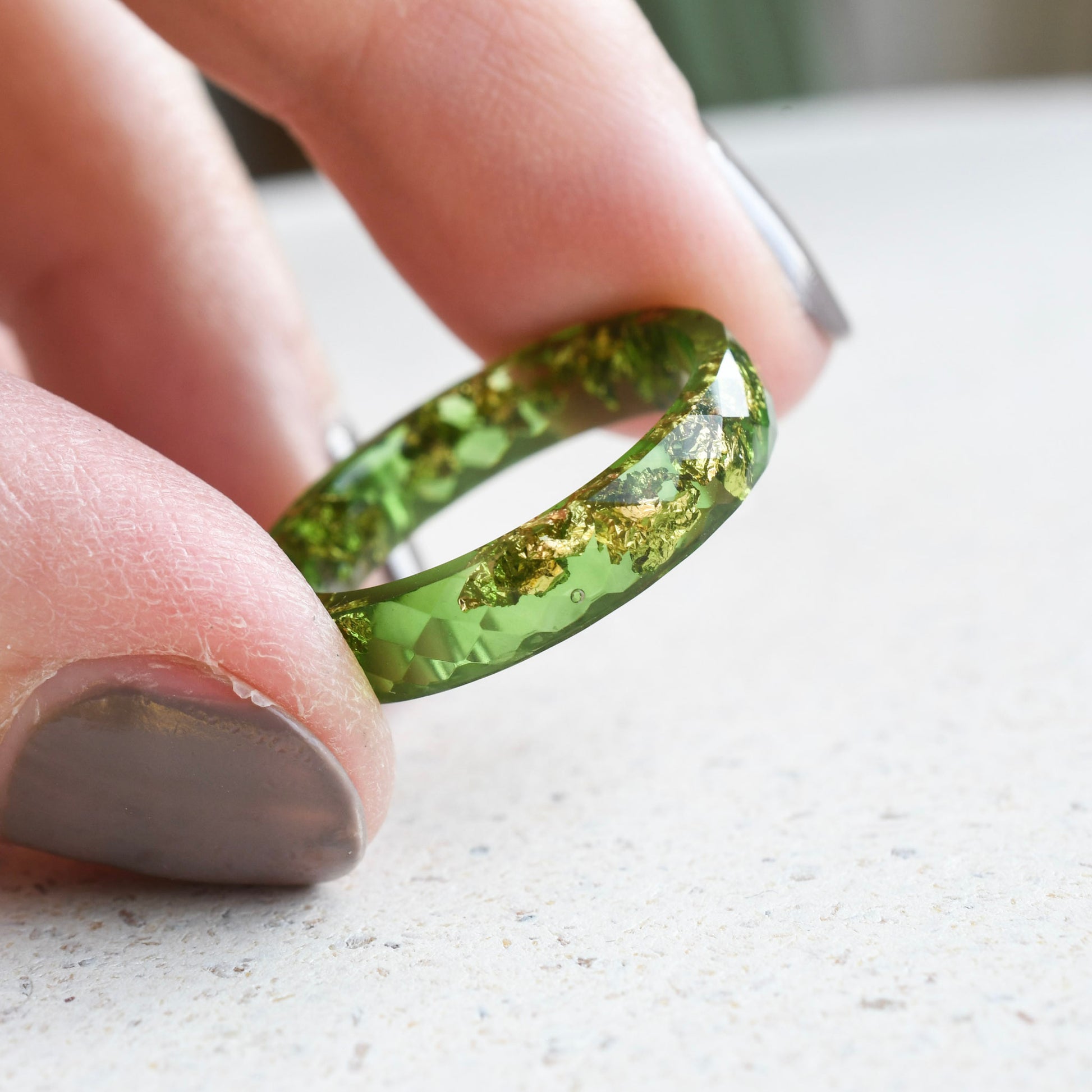 Slim faceted moss green resin ring with gold leaf minimalist jewelry