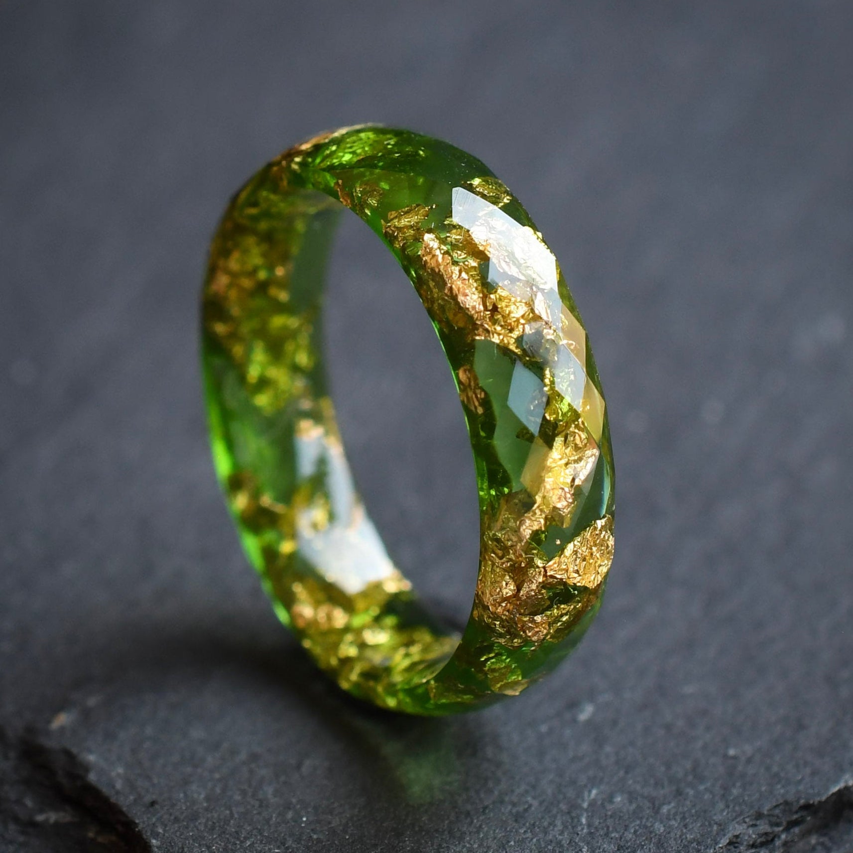 non metal wedding band dark green resin gold leaf men