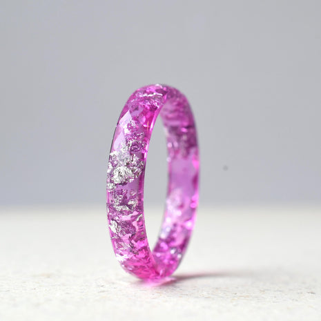 Faceted pink sapphire resin ring with silver leaf handmade by Resity in Vienna