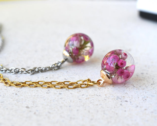 Close-up of Pink Glade Necklace showing pink heather petals in detail