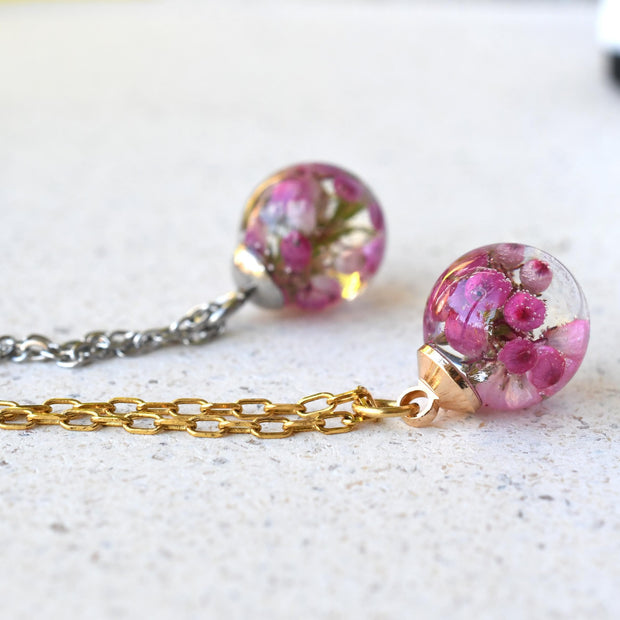 Close-up of Pink Glade Necklace showing pink heather petals in detail