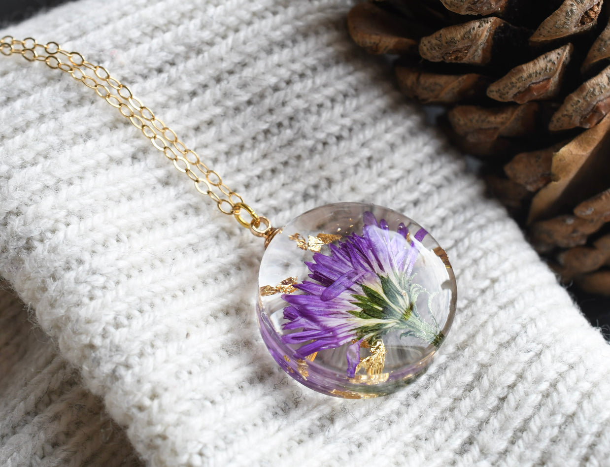 September birth flower necklace with real pressed aster — handmade floral pendant