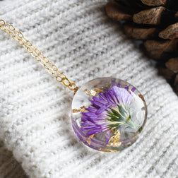 September birth flower necklace with real pressed aster — handmade floral pendant
