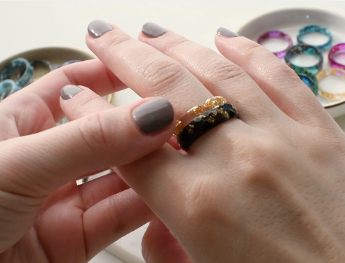 Classic faceted black resin ring with gold flakes modern minimalist jewelry