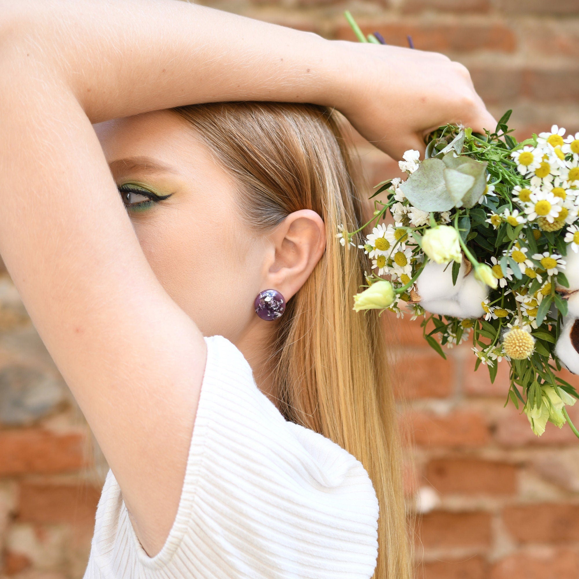 Round lavender resin earrings with silver flakes and surgical steel posts