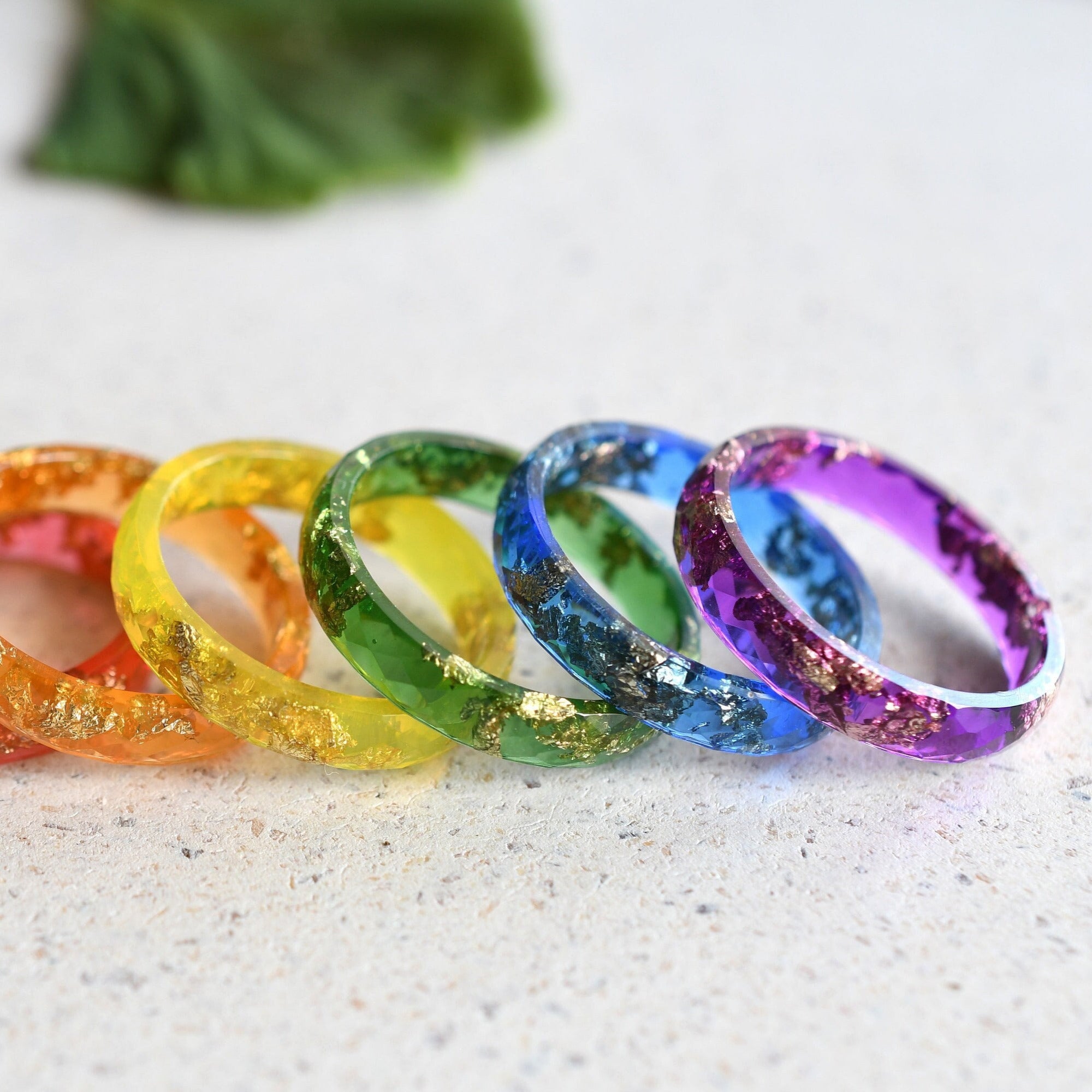 Faceted rainbow resin ring with gold leaf — colorful handmade jewelry