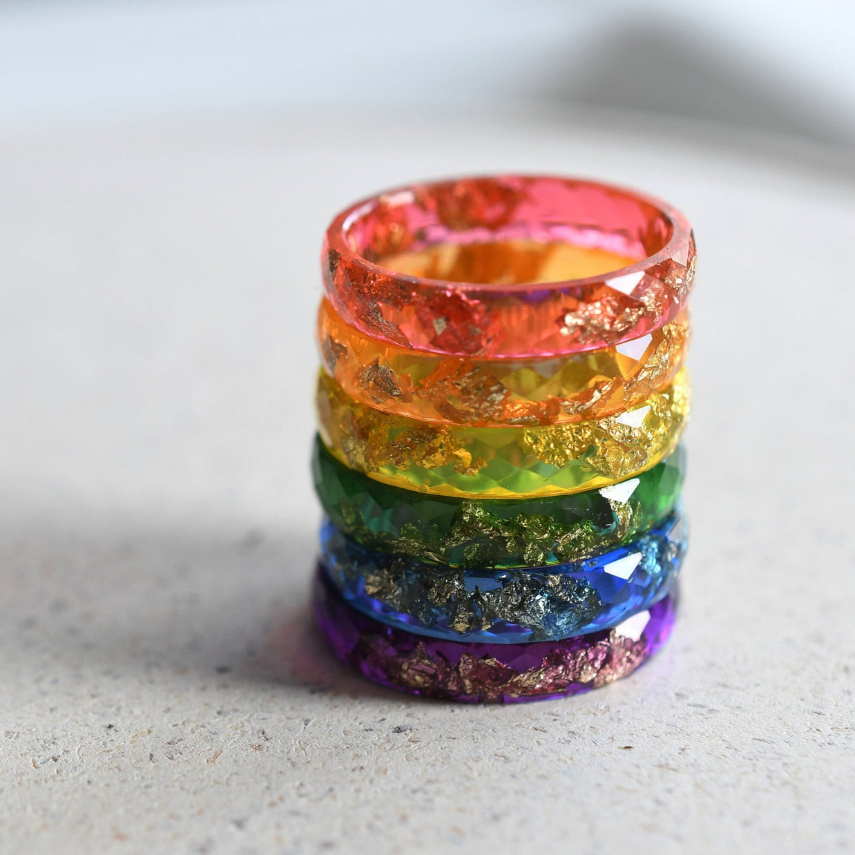 Rainbow resin ring with real gold leaf flakes handmade by Resity in Vienna