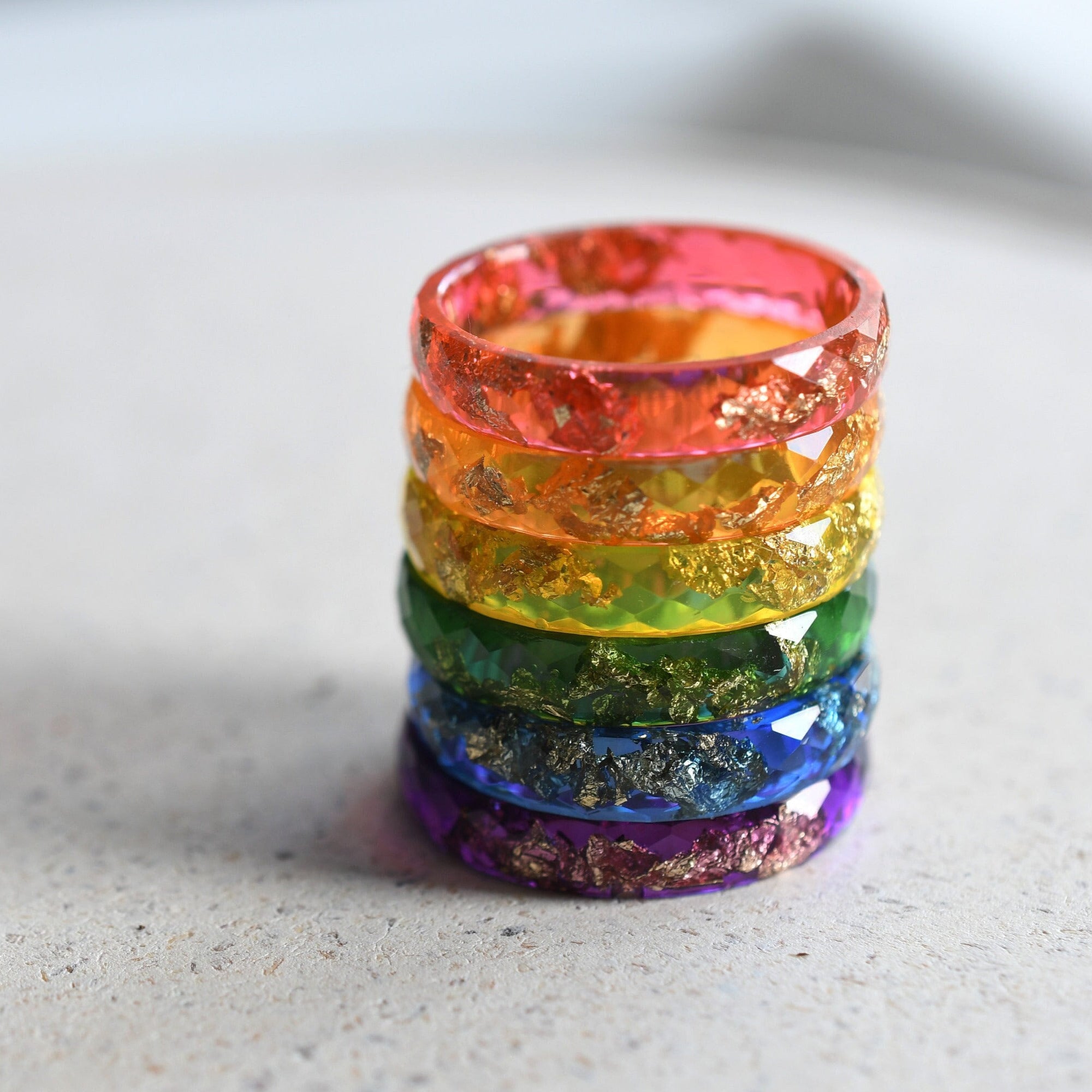 Rainbow resin ring with real gold leaf flakes handmade by Resity in Vienna