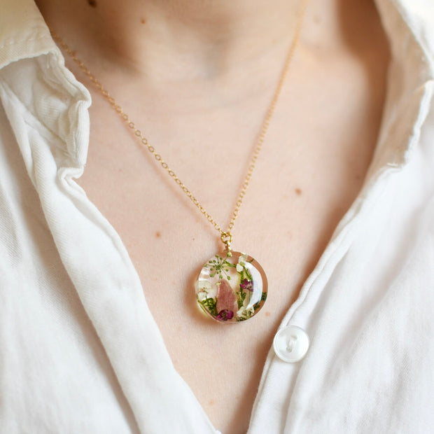 Terrarium Bloom Necklace worn on model — botanical and crystal jewelry