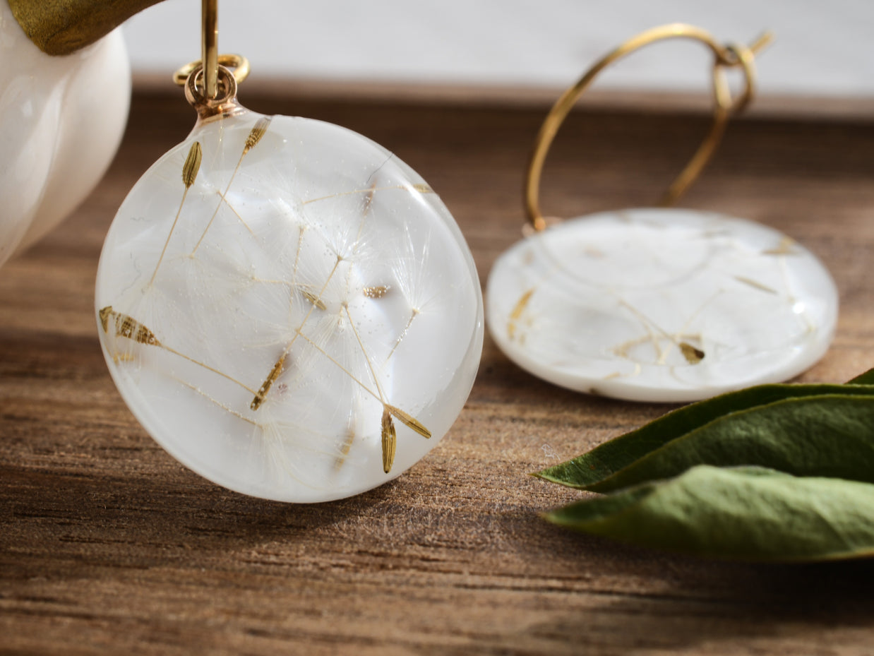Real dandelion seed earrings in clear resin with gold hoops, unique botanical jewelry for everyday wear