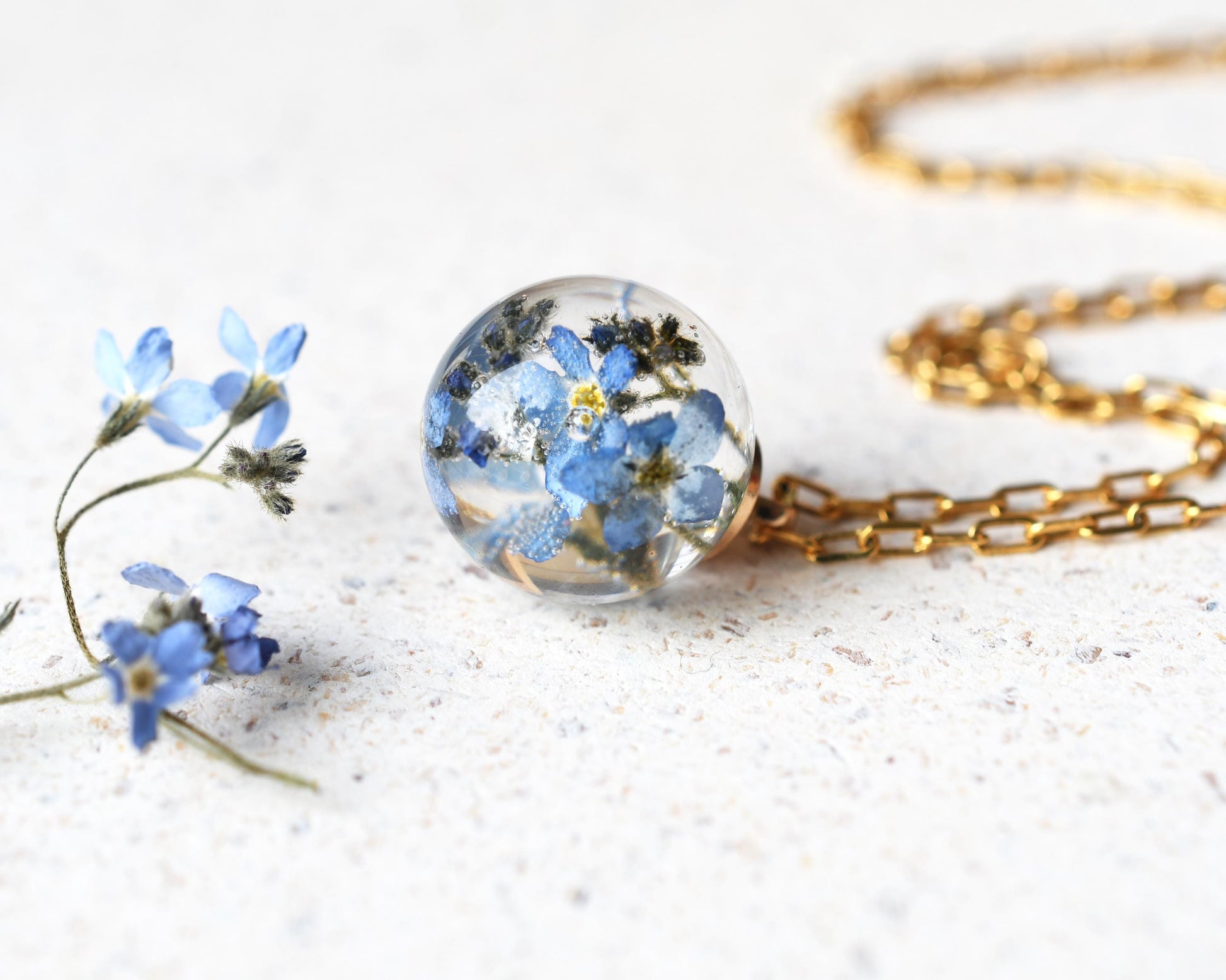 Real forget-me-not pendant in clear resin on white